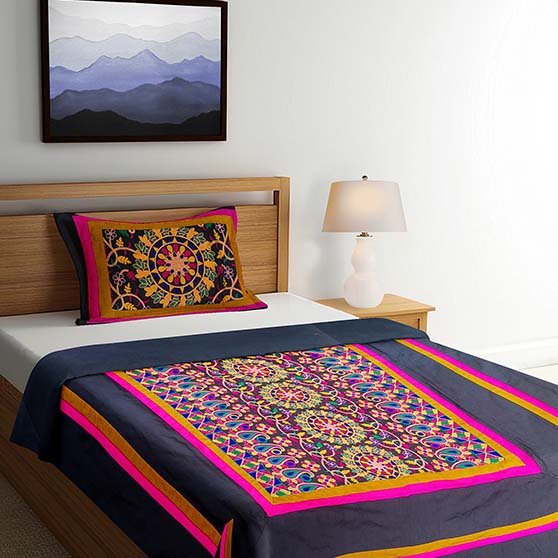 Suzani Work Bedcover Size 90/108 Double Bedsheet Includes 2 Pillows And 2 Cushion Covers. Washing Care: Dry Clean Or Gentle Wash Only.