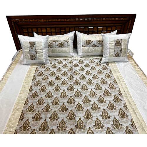 White Color Designer Silk And Brocade Bedsheet With 2 Pillow And 2 Cushion