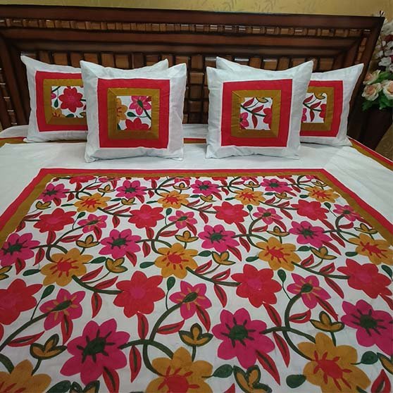 Suzani Work Bedcover Size 90/108 Double Bedsheet Includes 2 Pillows And 2 Cushion Covers. Washing Care: Dry Clean Or Gentle Wash Only.