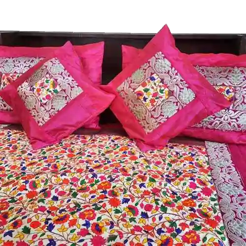 Pink Color Embroidery Jaipuri Bedsheet with 2 Pillow and 2 Cushion cover
