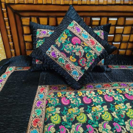 Kalamkari Banarasi Bedcover With Side Zari And Crushing Border. Size: 90/108 Double Bedsheet It Includes 2 Pillows And 2 Cushion Covers. Washing Care: Dry Clean Or Gentle Wash