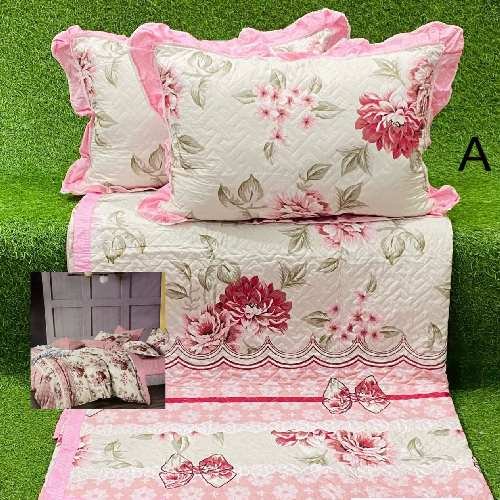 Off White And Pink Quilted Bedsheet With Pillow Covers, Size:90/100