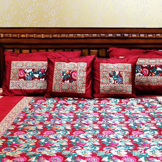 Brocade Silk Bedcover Size 90/108 Includes 2 Pillow And 2 Cushion Covers In Kalamkari Design With Zari Border. Washing Care: Dry Clean Or Gentle Wash Only.