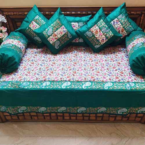 Green Color Embroidered Diwan Set With 2 Pillow And 5 Cushions