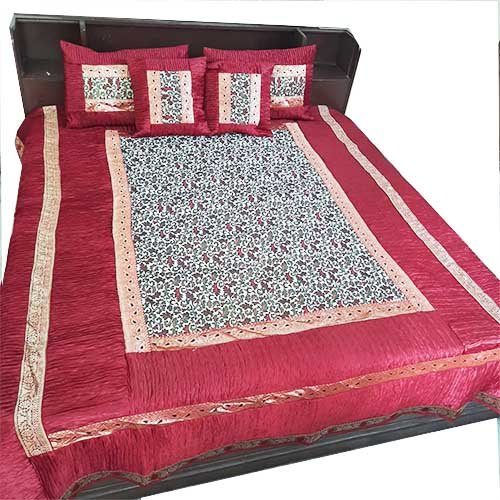 Red Color Embroidered Bedsheet With 2 Pillow And 2 Cushion Covers