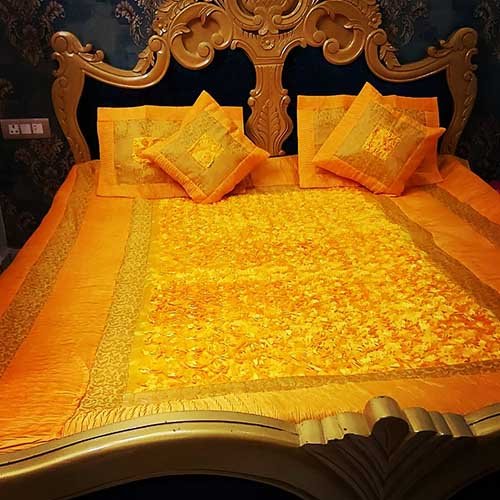 Flower Design Yellow Color Satin Bedsheet With 2 Cushion And 2 Pillow Cover