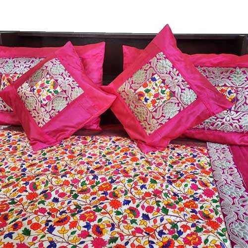 Pink Color Embroidery Jaipuri Bedsheet With 2 Pillow And 2 Cushion Cover